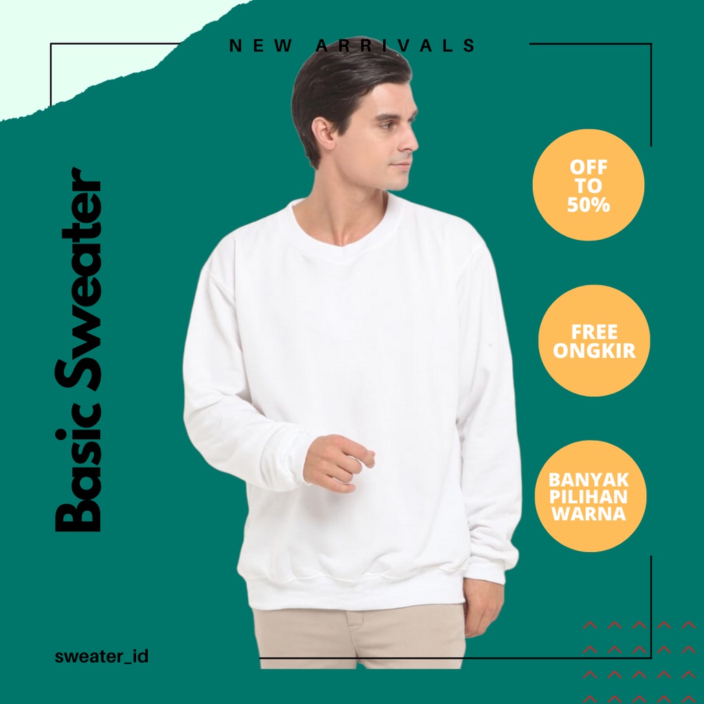 SWEATER_ID Basic Crewneck Sweater  Wanita Pria Putih Polos Sweater Putih Unisex