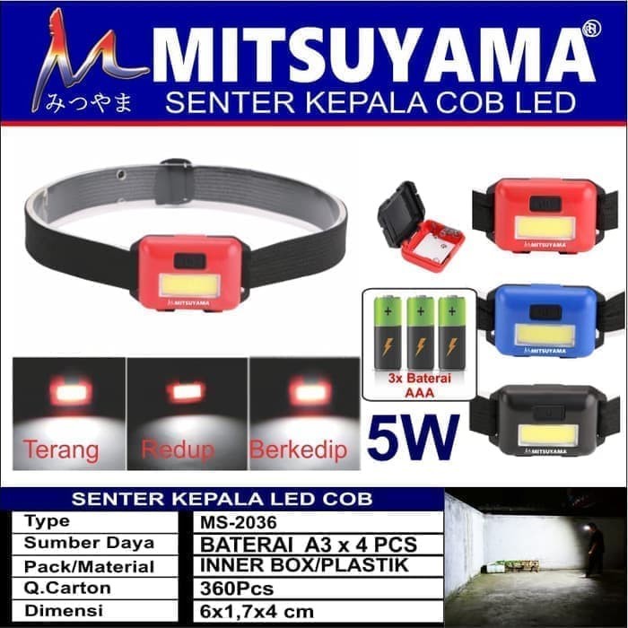 COD Senter Kepala LED COB 3 Mode Cahaya Headlamp Mitsuyama MS-2036