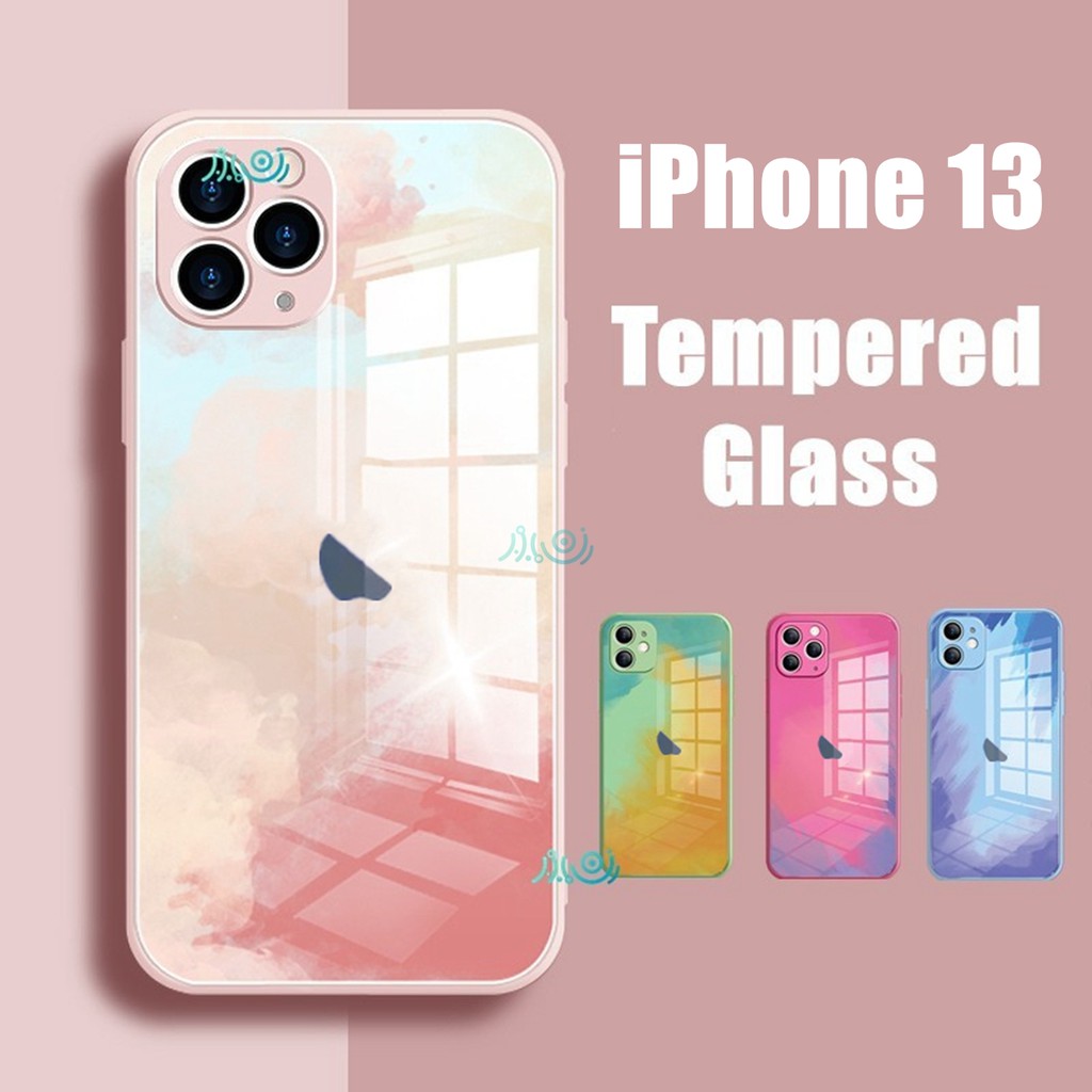 Case Tempered Glass Motif Lukisan Cat Air Untuk Iphone 13 Pro Max 11 12 Pro Max 13 12 11 Pro Max