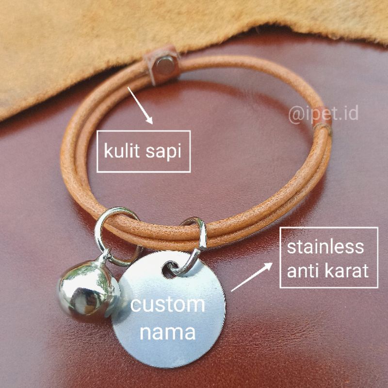 KALUNG KUCING TAG BANDUL CUSTOM NAMA BAHAN LOGAM KULIT ASLI ipet