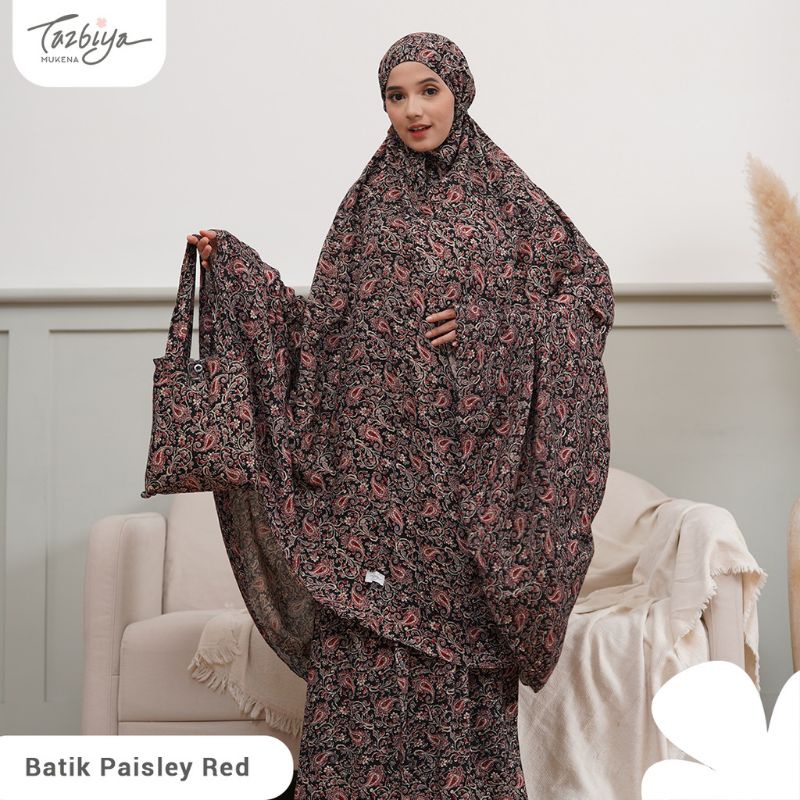 Mukena Tazbiya Batik Paisley Series Red/Green Jumbo Dewasa Katun Rayon Adem Motif Cantik