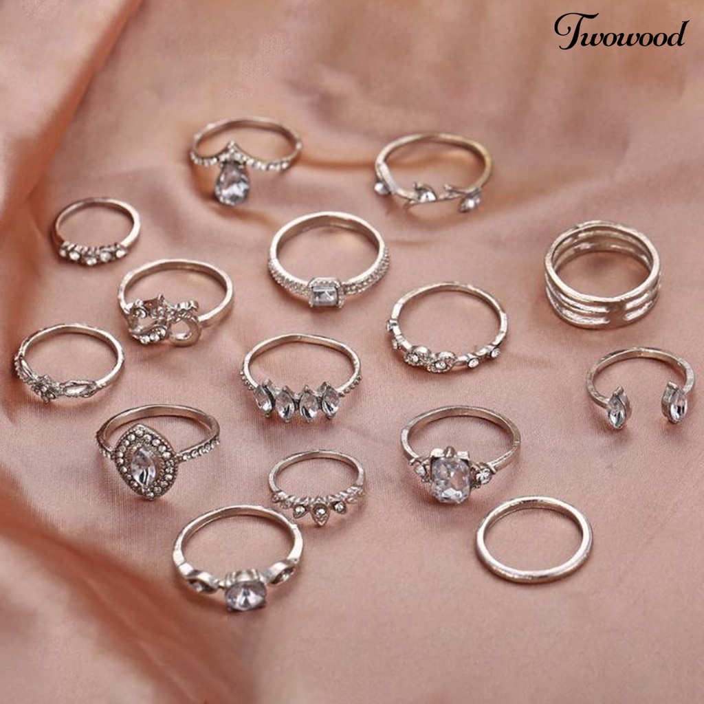 15pcs / Set Cincin Jari Stackable Aksen Berlian Imitasi Gaya Bohemian Untuk Wanita