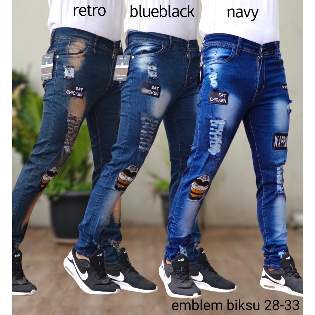 Celana Jeans Emblem Sobek Celana Jeans Panjang Pria Model Emblem Sobek Celana Jeans Ripped Celana Je