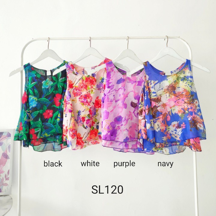 SL120 - Baju Atasan Tank Top Chiffon Flower Korean