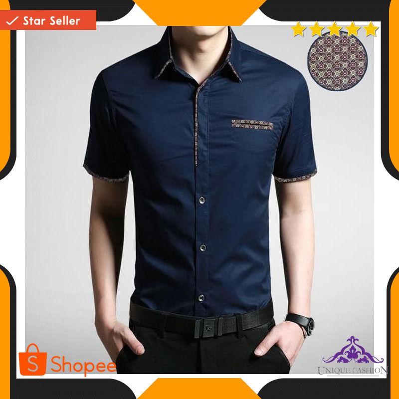 Daven Dongker Ot Kemeja Pria Katun Stretch Biru Dongker