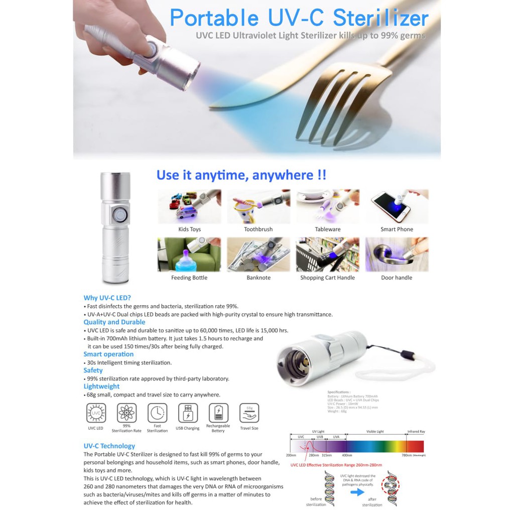 U-Life UVC UV Sterilizer Senter Portable Lampu Ultraviolet Antivirus Bakteri