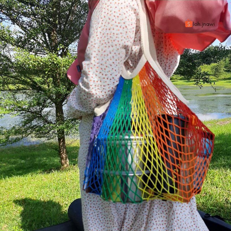 Tas Belanja Jaring Katun Motif Rainbow Tas Jaring Tas Pantai Reusable Bag Cotton Mesh Bag Net Bag Grocery Bag Fishing Net Tote Bag Tas Ramah Lingkungan