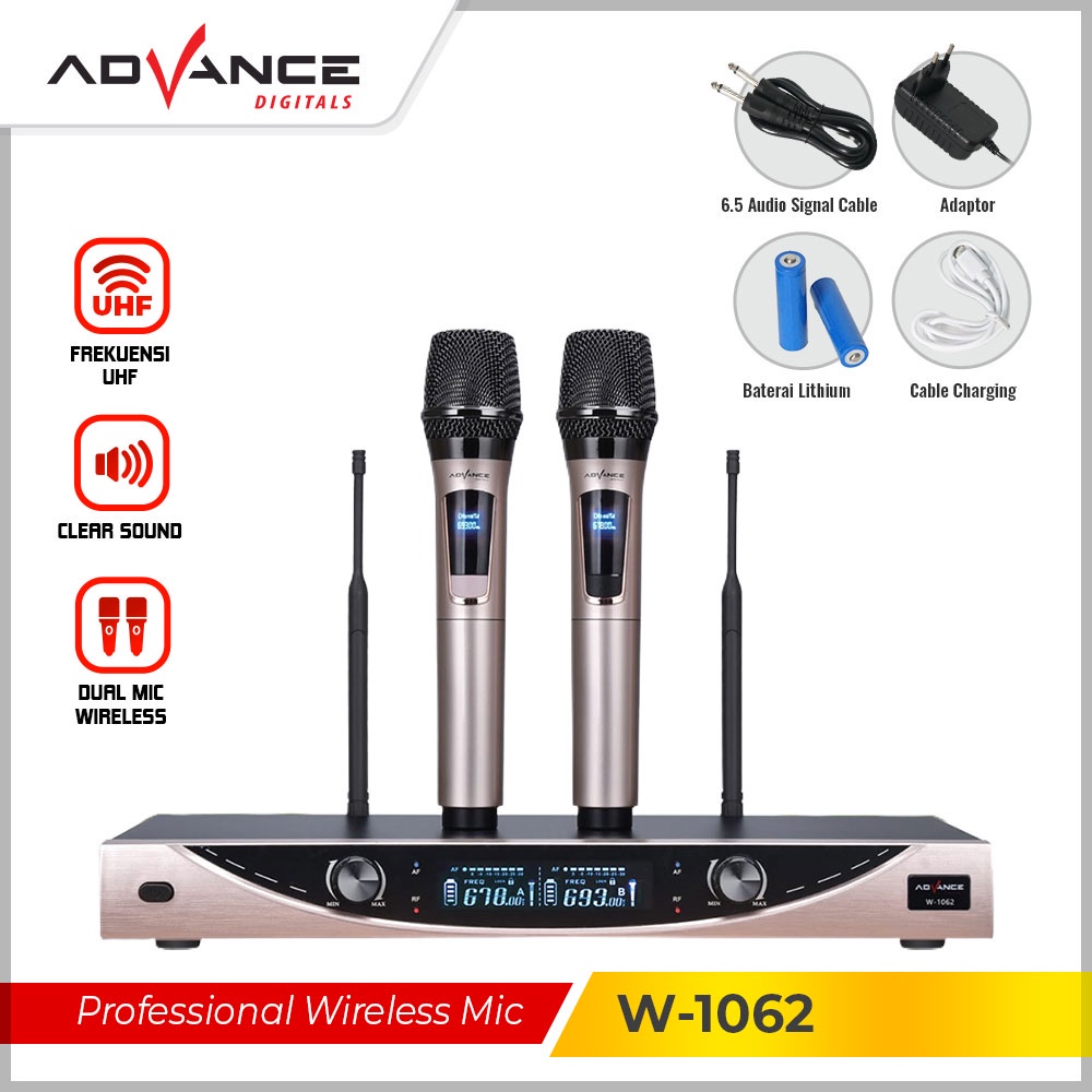 Advance Digitals W1062 Dual Mic Wireless Profesional Microphone + amplifier mic wireless