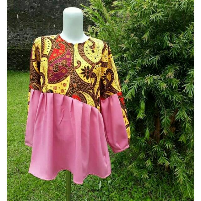 BLOUSE ATASAN MUSLIMAH BATIK MODERN KOMBINASI BUSUI & BUMIL FRIENDLY KEKINIAN_Pink Mustard