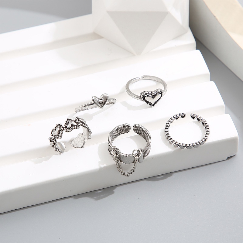 5pcs / Set Cincin Jari Telunjuk Model Terbuka Desain Hati Hollow Gaya Retro - PD