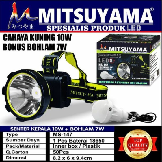 Senter Kepala Mitsuyama MS-147 Kuning 10 Watt Headlamp Tahan Air Charger Bonus Bohlam