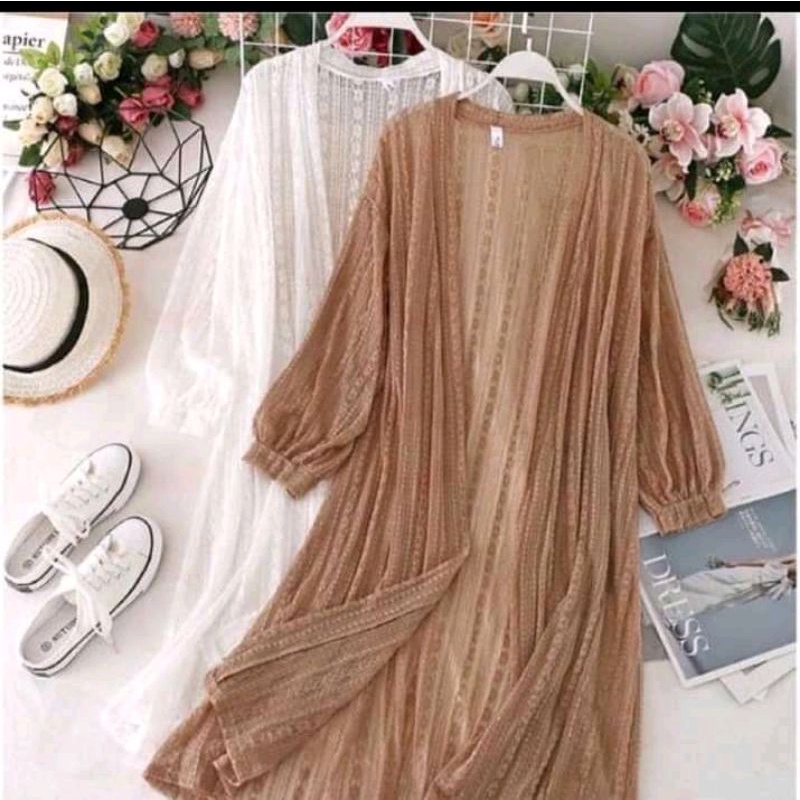 PROMO Long Outer Panjang Kardygan Lace Brukat Lengan Balon | Cardigan Baju Wanita Muslimah | Busana Pantai-3