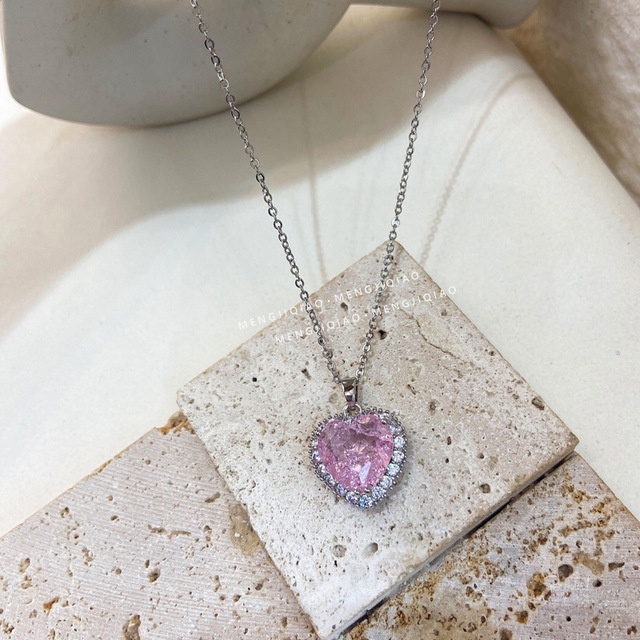 Kalung Rantai Dengan Liontin Bunga Es Batu Zircon Warna Pink Untuk Wanita
