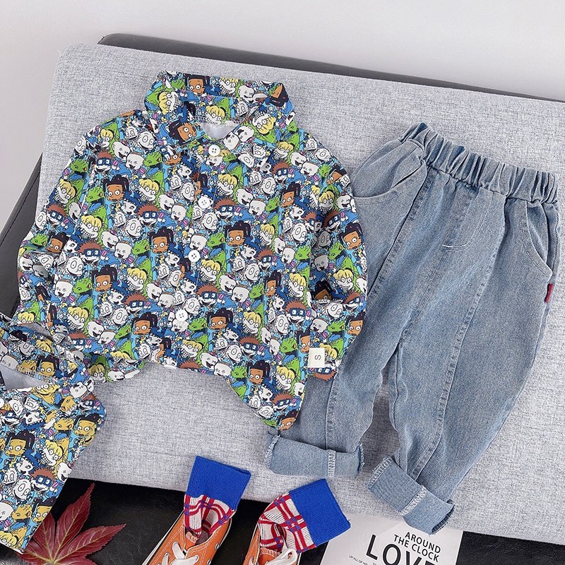  setelan kemeja anak laki laki import kemeja anak cowok impor motif karakter celana panjang denim fashion import grosir impor-2