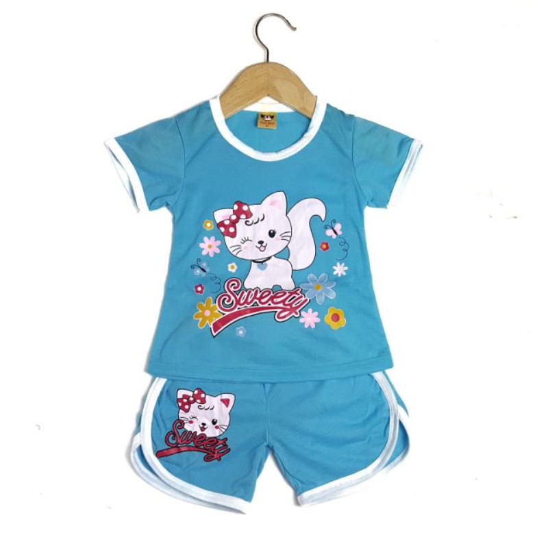 SETELAN BAJU ANAK PEREMPUAN SIJAMBUL NEW MOTIF SWEETY CAT 2-6 TAHUN