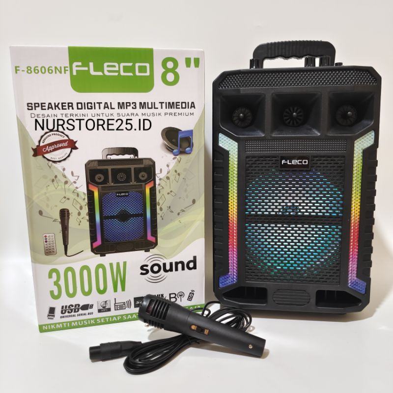 FLECO F-8606NF Speaker Bluetooth Bonus Microphone Karaoke  3000W 8 Inch Free Mic Kabel Remot Control Radio FM TF CARD USB BT AUX/Salon Aktif/Musik Box Bluetooth Full Bass