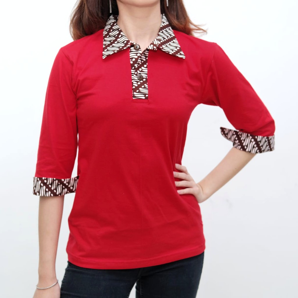 Kaos Krah Polo Variasi Batik Lengan 3/4 Wanita Warna Merah Premium Jabrik Jogja