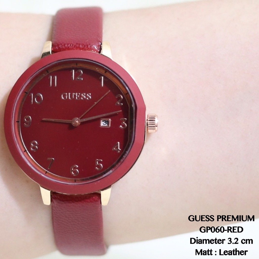 Jam tangan wanita GUESS premium tali kulit tanggal aktif leather flash sale termurah GP060