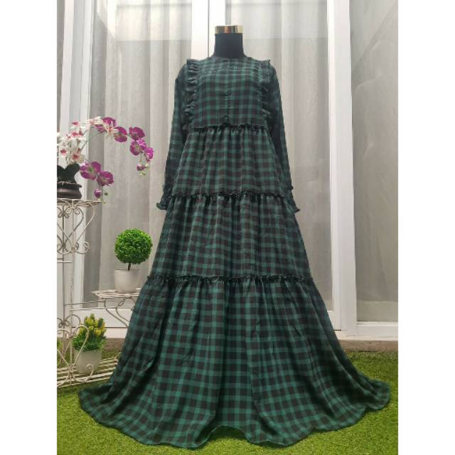 Gamis Polos Hijau Hitam Monalisa Serut Busui / Gamis Manolisa Serut Motif Kotak