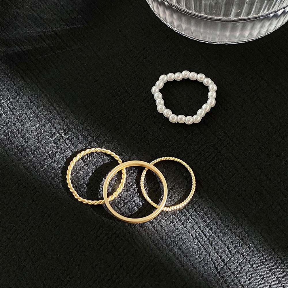 Needway  Geometric Finger Ring Set Personality Fashion Jewelry Pearl Rings Women Circle Minimalist Korean 4 PCS/Set Girls Twist/Multicolor