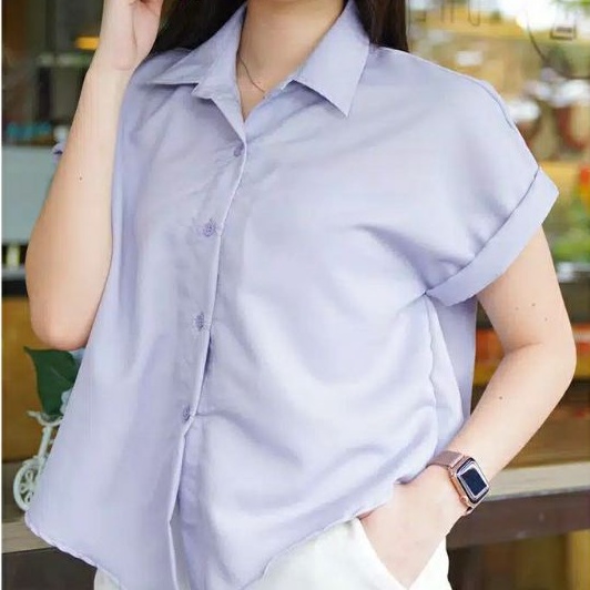 Crop Shirt Kemeja Crop Top Lengan Pendek Ikat Pita Kerah Turn Down Warna Polos Casual untuk Wanita