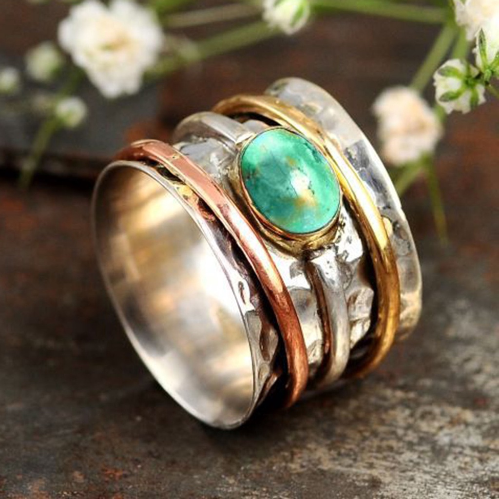 Hu Hu Hu Hu Hu Alat Bantu Pasang Kacamata♡ Cincin Pria Tiga Warna Turquoises Gaya Bohemian Vintage Untuk Kencan