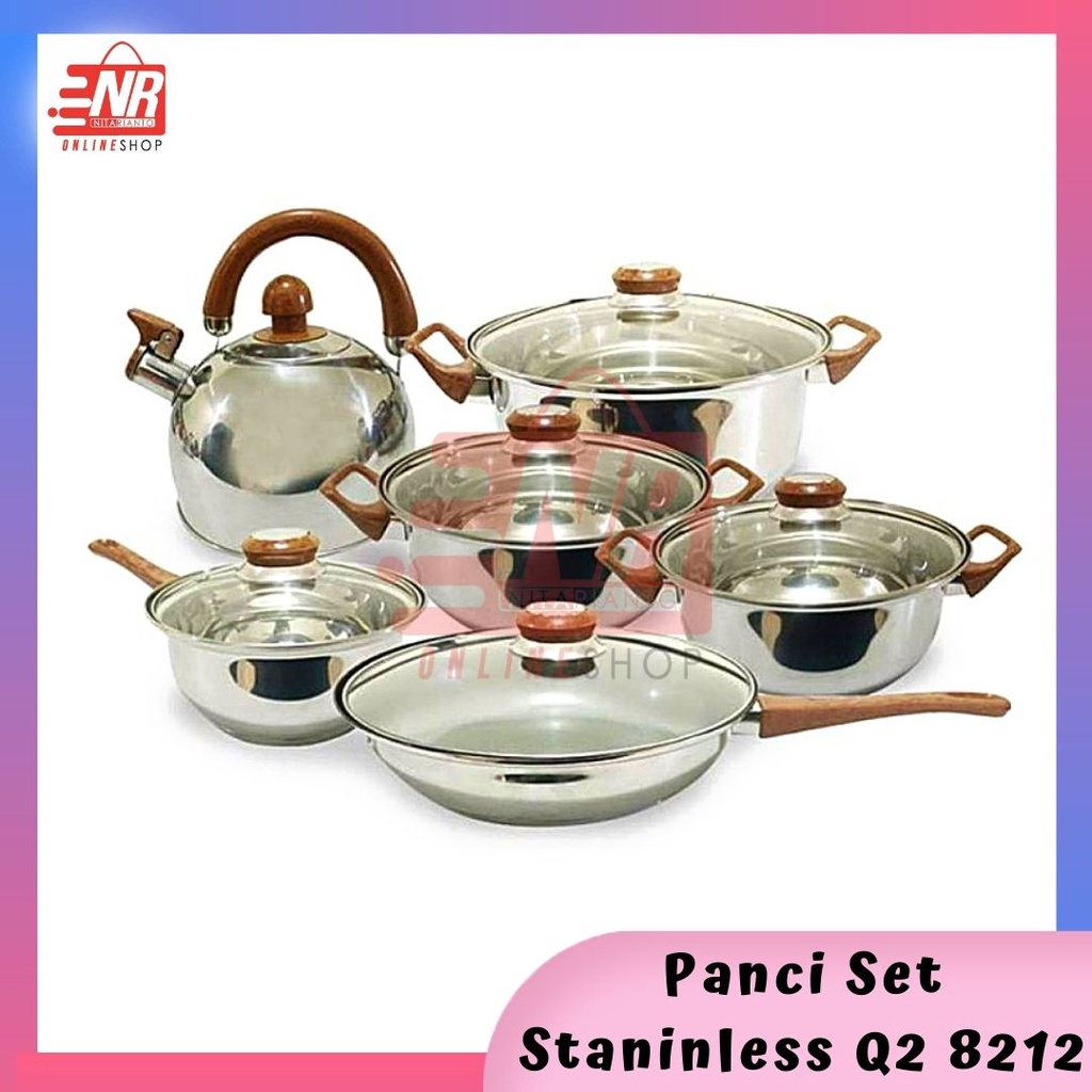 Panci Set 12 Pcs Q2 8212 - Panci Set Anti Lengket Tutup Kaca - Panci Set stainless steel / Panci Reb