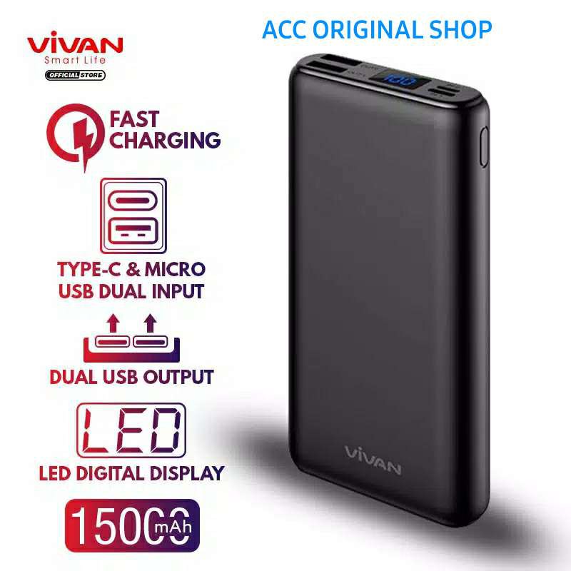 Poeerbank Vivan VPB-H15 15000mAH LED Digital Display & Dual USB Input Powerbank