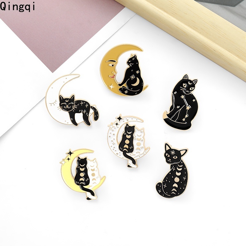 Bros Pin Enamel Desain Kartun Kucing Hitam Kucing Bulan Untuk Hadiah