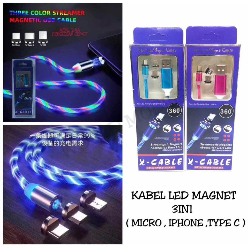 NEW!! KABEL DATA MAGNETIC 3 IN 1 LED CABLE FAST CHARGING - KABEL CAS HP MAGNET NYALA - Iphone - Micro Usb - Type C