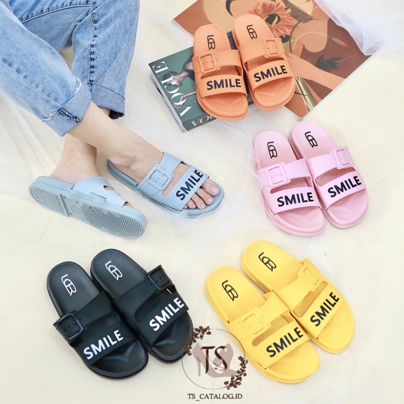 Sandal Slop Ban Dua Gesper Tulisan SMILE Import LCR V501-5