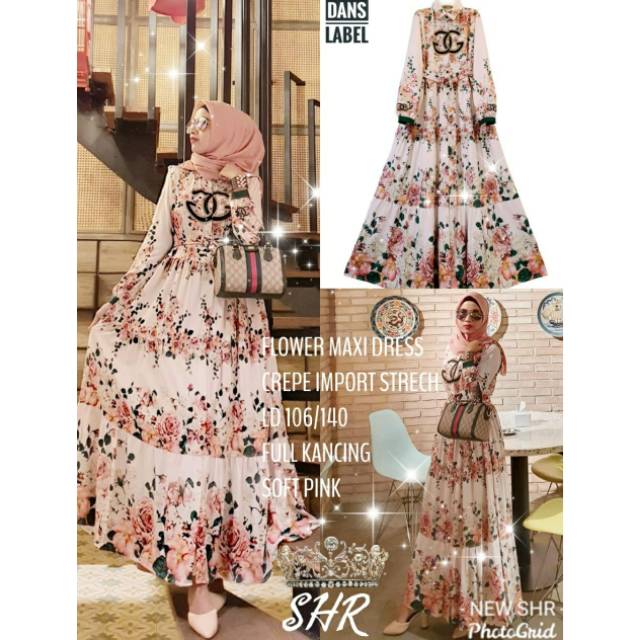 Flower maxi dress ld 106 full kancing bahan import by Shr