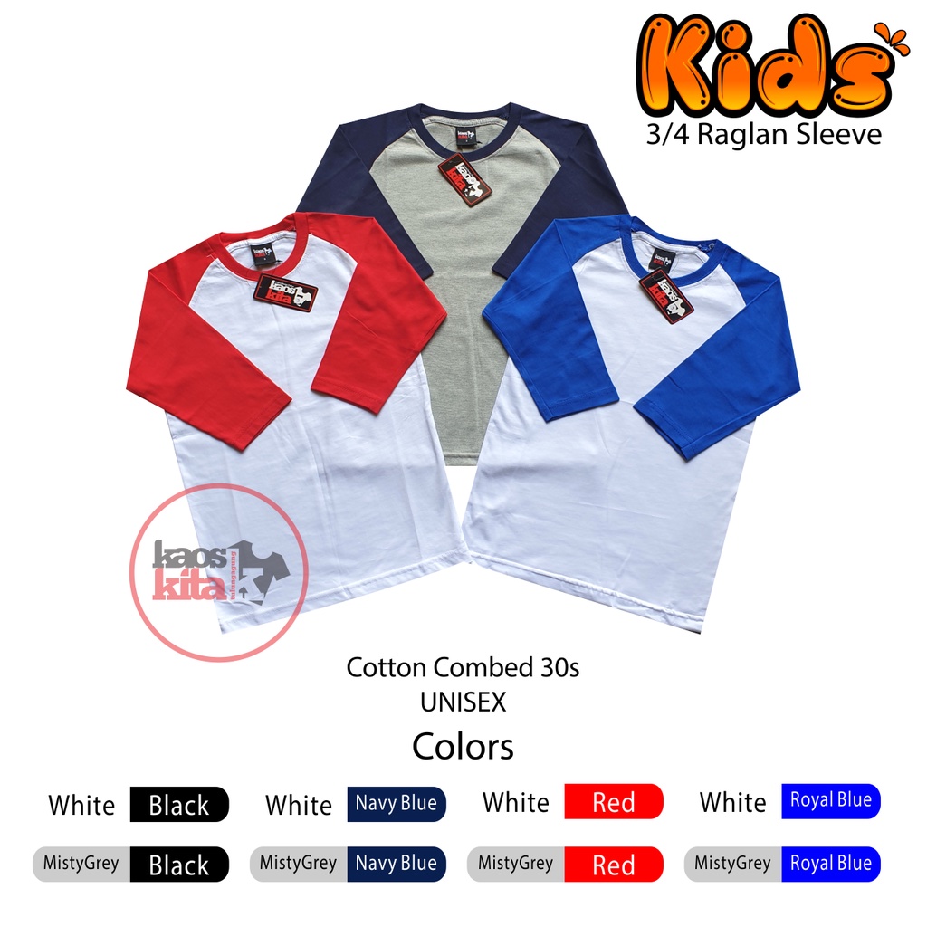 REGLAN ANAK ANAK PREMIUM / LENGAN 3/4 / COMBED 30S DAN COMBED 28S