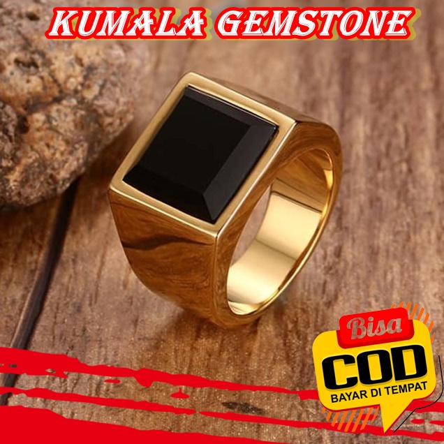 Cincin Batu Onyx Hitam Bentuk Kotak Bahan Stainless Steel Warna Emas  Pria