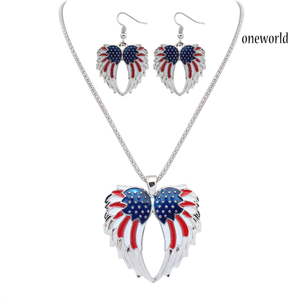 OW@ Independence Day USA Flag Patriotic Wings Women Necklace Earrings Jewelry Set