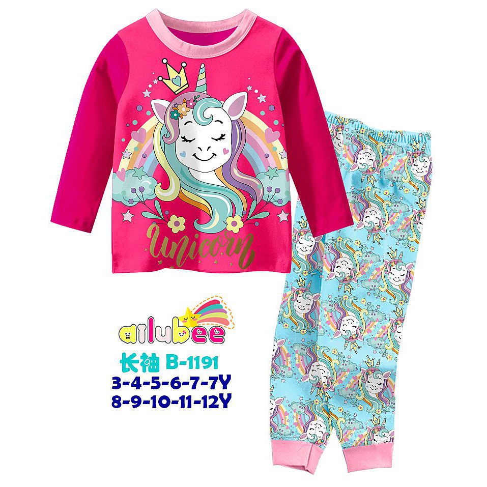 Kinds - Piyama anak perempuan impor Ailubee Unicorn Fushia usia 3-12 tahun / baju tidur