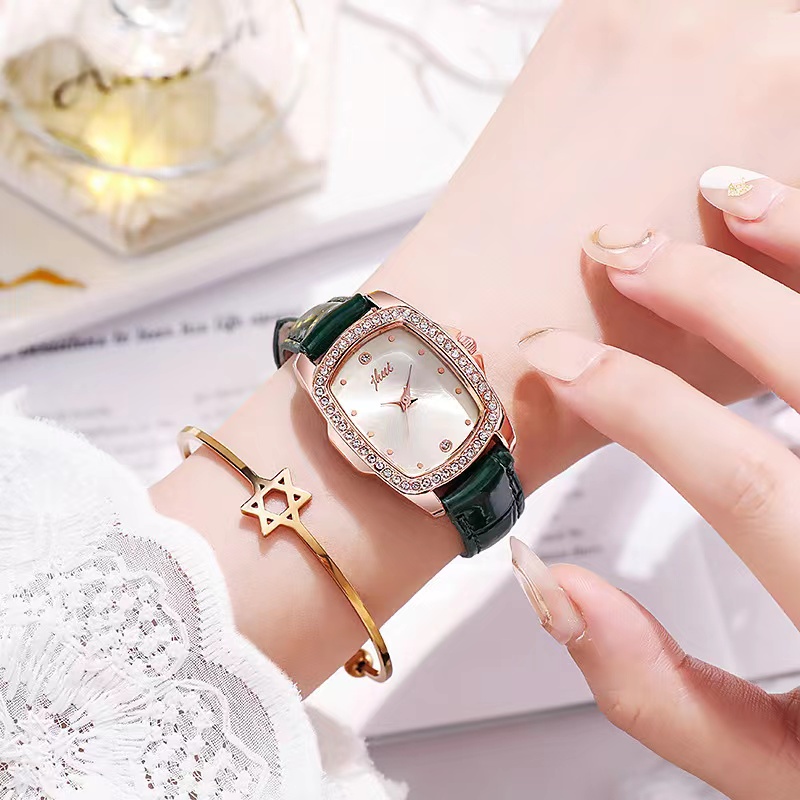 Rowling (Jam-35) Jam Tangan Wanita Kotak Jam Tangan Wanita Quartz Jhui dengan Strap kulit Sintetis Import