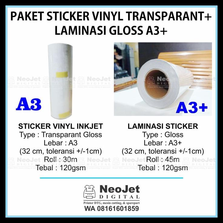 

Paket Sticker Vinyl Inkjet Transparant Glossy A3 + Laminasi Glossy A3+
