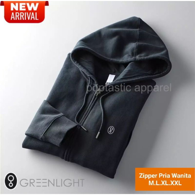Green Light Sweater Hoodie Zipper Pria Resleting Premium Hitam Motif Simpel Bahan Fleece Tebal - Jak