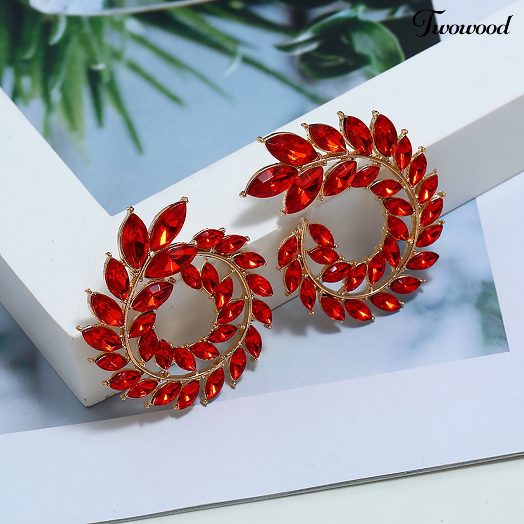 1 Pasang Anting Stud Cubic Zirconia Bentuk Cabang Daun Geometris Bulat Bahan Alloy Untuk Wanita