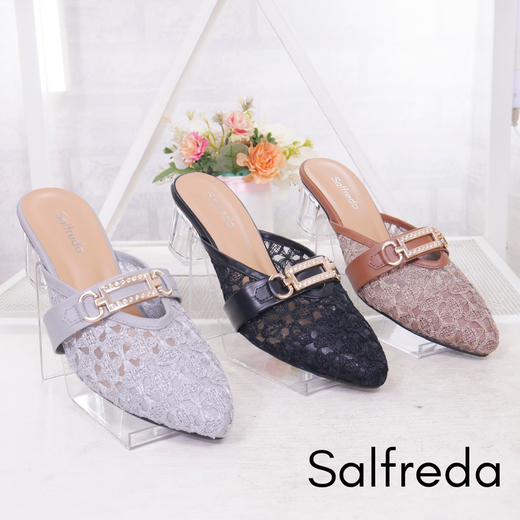 Sendal Slop Kekinian Wanita Brukat Burkat Sandal Sepatu Pesta Wedding Pernikahan Tumit Hak Kaca 5 cm Clovers Wanita Terkini Promo DV70002