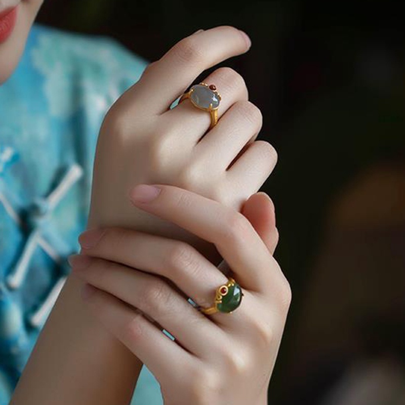 Cincin Sterling Silver Handmade Model Terbuka Aksen Giok Hetian Lotus Gaya Retro Untuk Wanita