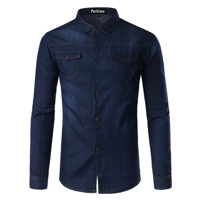 EXYNOS123 H.E.M ALESSO KEMEJA JEANS PRIA LENGAN PANJANG