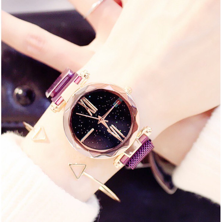 Jam Tangan Wanita Magnet Mesh Strap Quartz Starry Night Sky Stainless Steel Analog Women Watches
