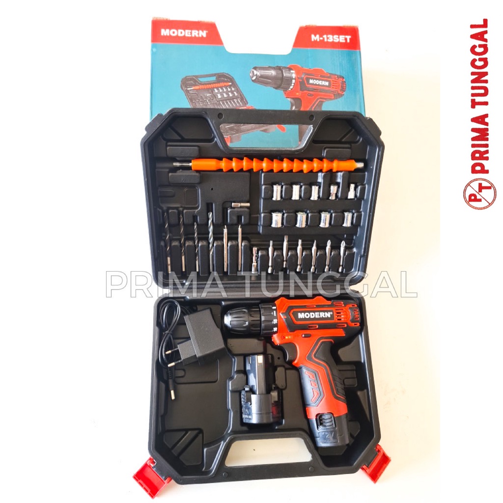 Mesin Bor Cas 10 MM Set Modern M-13 Drill Baterai LED Light Reversible