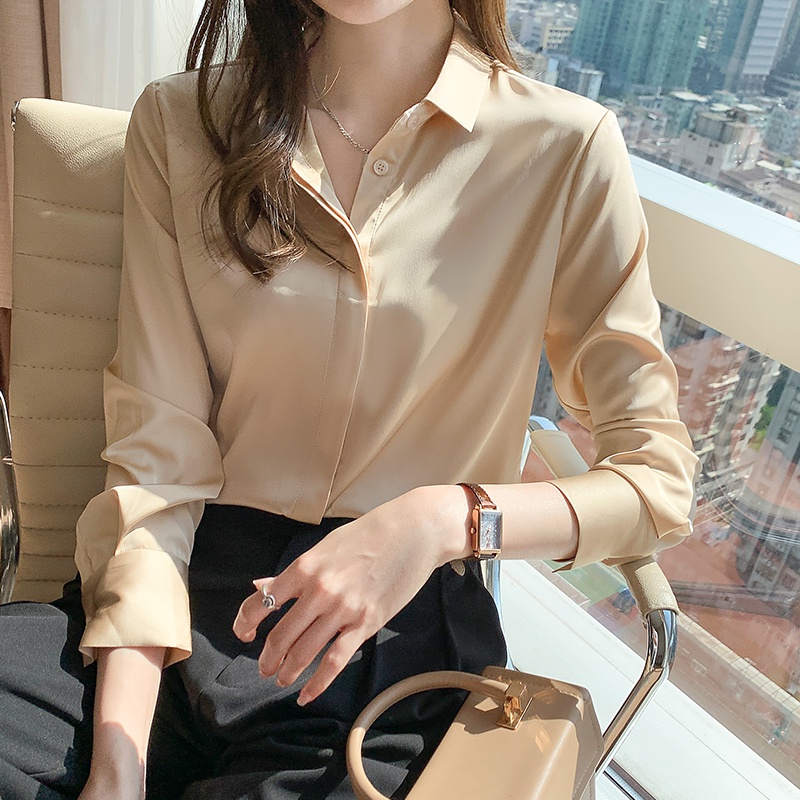 Red Purple Black White Grey Fashion Korea Style OL Work Shirts Lengan Panjang Blus Wanita Musim Panas Casual Blouse Warna Atasan kemeja