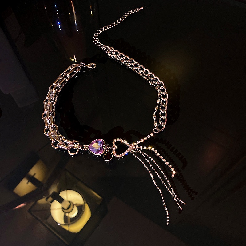 Kalung Multilayer Hias Kristal Berlian Bentuk Hati Warna Ungu