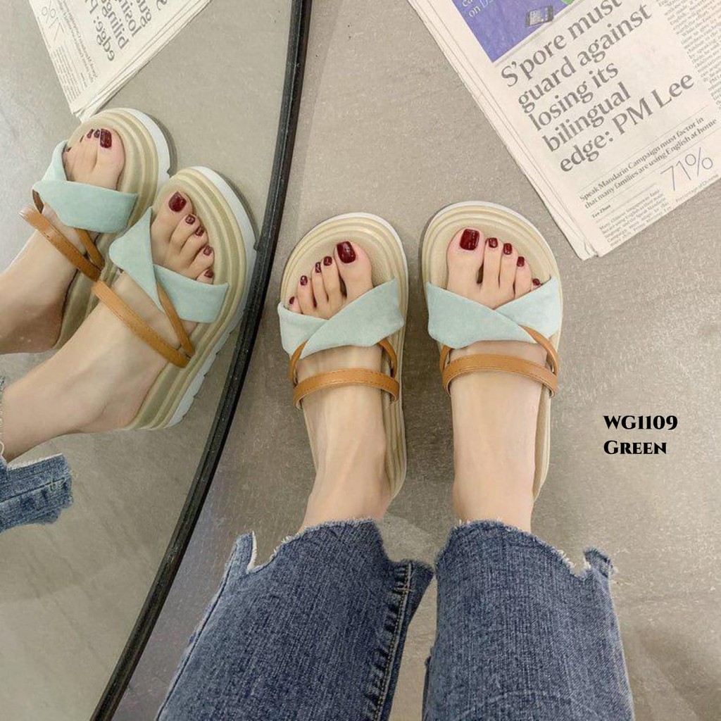 PRF Wedges Sandal Cross Strap Slider Fashion Korea WG1109