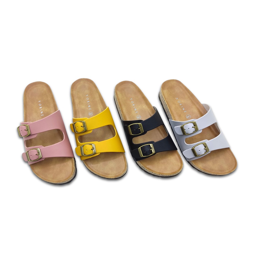 Sandal Selop Briken Wanita Tali Double Gesper Footbed Casual Model Kekinian REINA