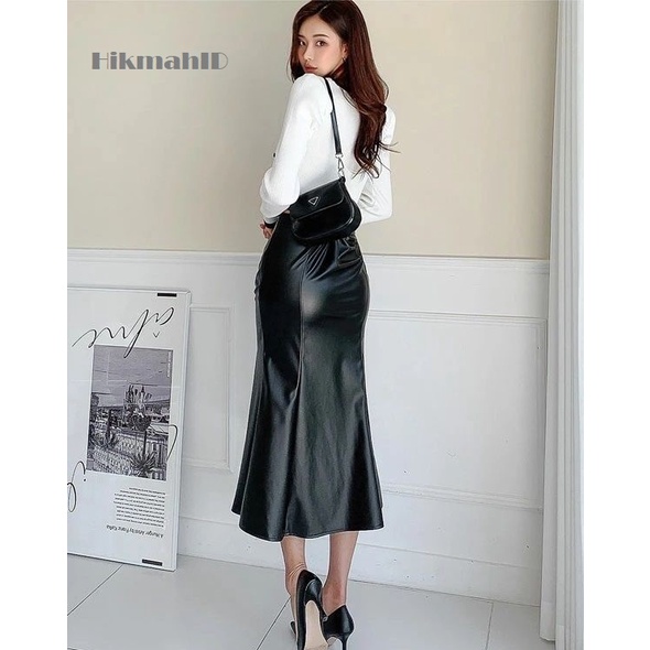 Rok Kulit PU  High Waist Midi Leather Skirt Rok Fishtail Casual Glamour Pas Badan Bagian Pinggang dan Pinggul Fashion Wanita Korea Model Terbaru